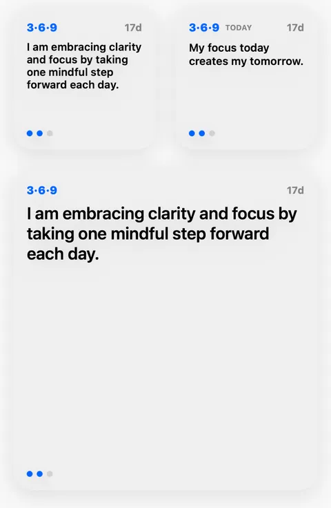 369 Zone Home Screen widgets showing today's intention and 3-6-9 progress.